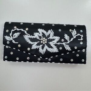 Vintage Beaded Black Satin Rhinestone Clutch Evening Mini Bag Wallet